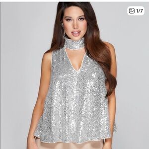 Marciano Silver Sequin Sleeveless Top - Size M